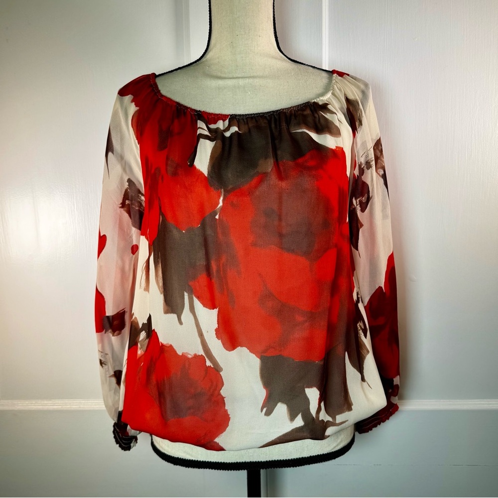 Alice & Olivia Peasant Top elastic neckline, cuff and waist. Sheer sleeve
